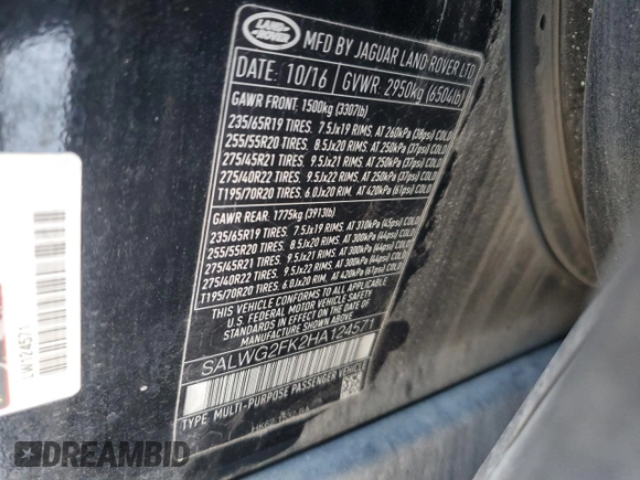 2017 Land Rover Range Rover Sport SE with VIN SALWG2FK2HA124571, listed as a Copart auction lot 89398505 with 94,159 mi miles and Salvage title. Bid and sale history available at DreamBid. Image 15.