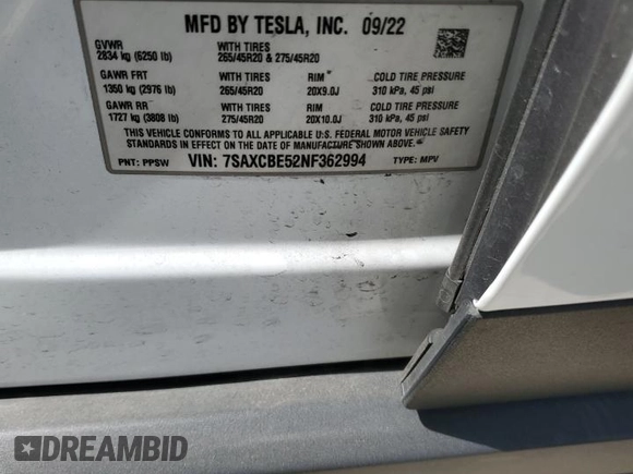 2022 Tesla Model X with VIN 7SAXCBE52NF362994, listed as a Copart auction lot 49850475 with 55,506 mi miles and Salvage Title. Bid and sale history available at DreamBid. Image 14.