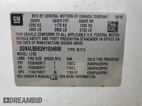 2017 Chevrolet Equinox LS with VIN 2GNALBEK2H1534688, listed as a Copart auction lot 54545965 with 111,503 mi miles and Salvage Title. Bid and sale history available at DreamBid. Image 12.