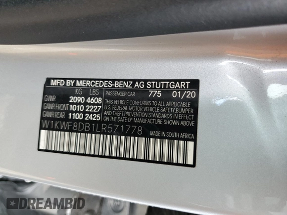 2020 Mercedes-Benz C 300 with VIN W1KWF8DB1LR571778, listed as a Copart auction lot 44039825 with 34,238 mi miles and Salvage Title. Bid and sale history available at DreamBid. Image 12.