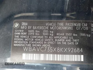 2008 BMW 3 Series 328xi with VIN WBAVC735X8KX92684, listed as a IAAI auction lot 42108049 with 275,323 mi miles. Bid and sale history available at carsss.com. Image 9.