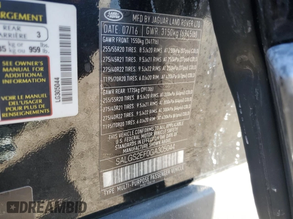 2016 Land Rover Range Rover Supercharged with VIN SALGS2EF0GA305044, listed as a Copart auction lot 50688515 with Not provided miles and Salvage title. Bid and sale history available at DreamBid. Image 15.