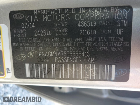 2015 Kia Optima LX with VIN KNAGM4A75F5555413, listed as a Copart auction lot 49482905 with 95,154 mi miles and Clean Title. Bid and sale history available at carsss.com. Image 13.