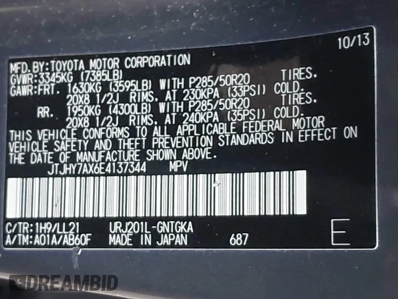 2014 Lexus LX 570 with VIN JTJHY7AX6E4137344, listed as a IAAI auction lot 41260948 with 108,777 mi miles and . Bid and sale history available at DreamBid. Image 9.