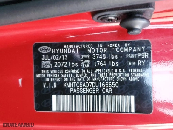 2013 Hyundai Veloster w/Black Int with VIN KMHTC6AD7DU166650, listed as a Copart auction lot 42486845 with 53,616 mi miles and Clean Title. Bid and sale history available at carsss.com. Image 12.