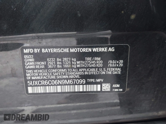 2022 BMW X5 xDrive40i with VIN 5UXCR6C06N9M67099, listed as a IAAI auction lot 41296632 with Not provided miles and . Bid and sale history available at DreamBid. Image 9.