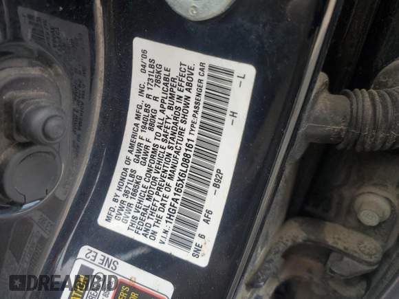 2006 Honda Civic LX z VIN 1HGFA165X6L088161, wystawiony jako Copart lot #53868135 z przebiegiem 183 370 mil mil oraz Szkoda całkowita • Salvage title. Historia ofert i sprzedaży dostępna na DreamBid. Obrazek 12.
