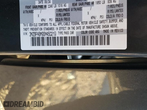 2025 Mazda 3 S Select Sport with VIN 3MZBPABM9SM450219, listed as a Copart auction lot 85689574 with Not Provided miles and Salvage Title. Bid and sale history available at DreamBid. Image 15.