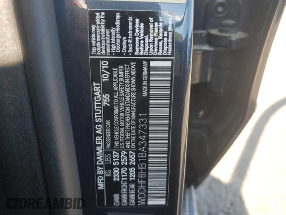 2011 Mercedes-Benz E 350 Luxury with VIN WDDHF8HB1BA347331, listed as a Copart auction lot 56376305 with 131,997 mi miles and Salvage title. Bid and sale history available at DreamBid. Image 12.
