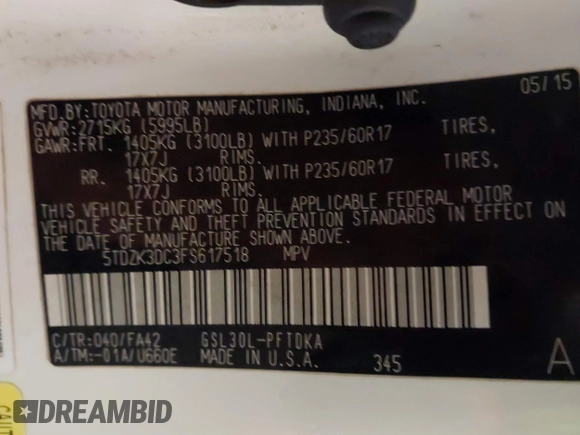 2015 Toyota Sienna L с VIN 5TDZK3DC3FS617518, выставлен на аукционе IAAI как лот 41566048 с пробегом 188 494 миль миль и . История ставок и продаж доступна на DreamBid. Изображение 9.
