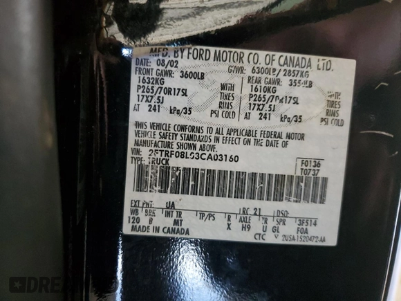 2003 Ford F-150 with VIN 2FTRF08L03CA03160, listed as a Copart auction lot 51591535 with 220,630 mi miles and Salvage title. Bid and sale history available at DreamBid. Image 13.