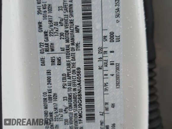 2022 Ford Escape SE with VIN 1FMCU9G68NUA60569, listed as a Copart auction lot 58168925 with 120,281 mi miles and Non repairable. Bid and sale history available at DreamBid. Image 14.