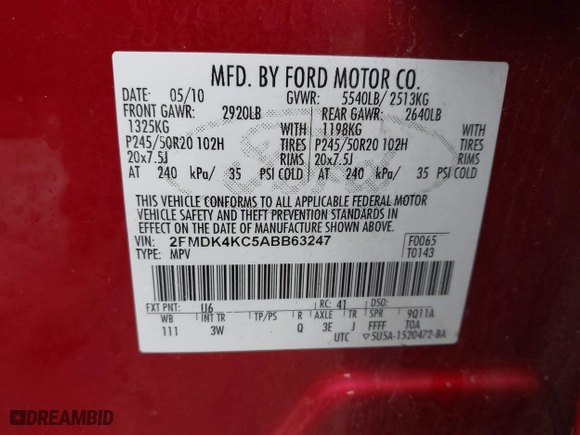 2010 Ford Edge Limited with VIN 2FMDK4KC5ABB63247, listed as a IAAI auction lot 42099347 with 267,882 mi miles. Bid and sale history available at carsss.com. Image 9.