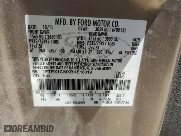 2011 Ford F-150 XL with VIN 1FTEX1CMXBKE18319, listed as a Copart auction lot 56668365 with 111,598 mi miles and Salvage title. Bid and sale history available at DreamBid. Image 12.