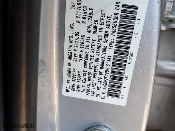 2011 Honda Accord Sdn LX with VIN 1HGCP2F30BA151344, listed as a Copart auction lot 53546525 with 303,618 mi miles and Salvage Title. Bid and sale history available at carsss.com. Image 12.