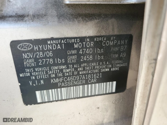2007 Hyundai Azera GLS with VIN KMHFC46D97A181621, listed as a Copart auction lot 69761294 with 185,732 mi miles and Salvage Title. Bid and sale history available at carsss.com. Image 12.