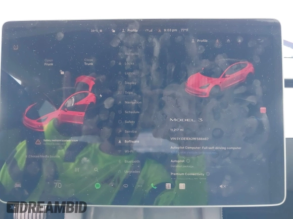 2023 Tesla Model 3 with VIN 5YJ3E1EA2PF588467, listed as a IAAI auction lot 42254921 with 11,217 mi miles and . Bid and sale history available at DreamBid. Image 7.
