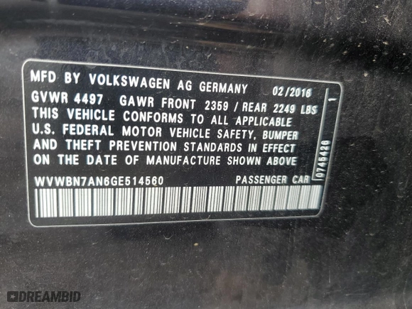 2016 Volkswagen CC Sport with VIN WVWBN7AN6GE514560, listed as a Copart auction lot 50071493 with 75,912 mi miles. Bid and sale history available at carsss.com. Image 12.