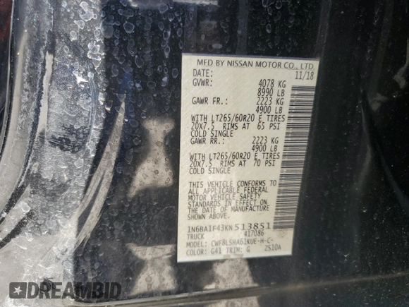 2019 Nissan Titan XD SV with VIN 1N6BA1F43KN513851, listed as a Copart auction lot 76808734 with 115,824 mi miles and Salvage Title. Bid and sale history available at carsss.com. Image 15.