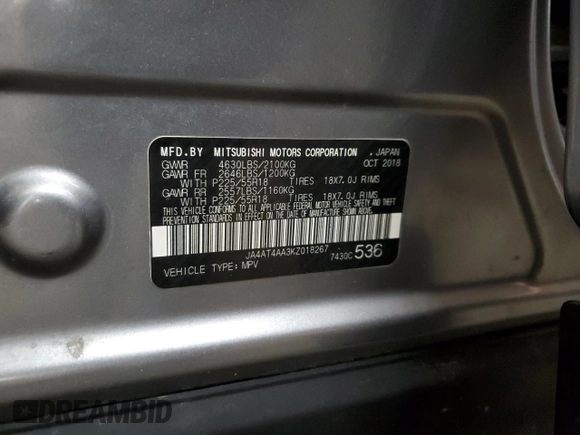 2019 Mitsubishi Eclipse Cross LE z VIN JA4AT4AA3KZ018267, wystawiony jako Copart lot #45226905 z przebiegiem Nie podano mil oraz Nie do naprawy • Non repairable. Historia ofert i sprzedaży dostępna na DreamBid. Obrazek 14.
