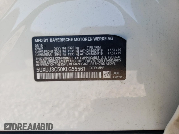 2019 BMW X4 xDrive30i with VIN 5UXUJ3C50KLG55561, listed as a Copart auction lot 53105385 with 73,041 mi miles and Salvage title. Bid and sale history available at DreamBid. Image 13.