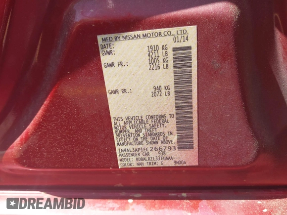 2014 Nissan Altima S with VIN 1N4AL3AP1EC266793, listed as a IAAI auction lot 41896314 with 265,087 mi miles and . Bid and sale history available at carsss.com. Image 9.