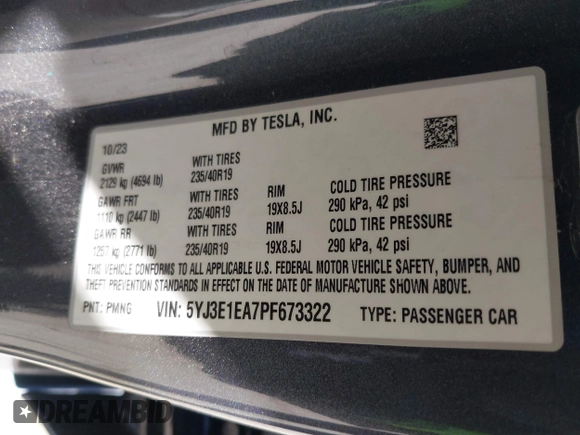 2023 Tesla Model 3 with VIN 5YJ3E1EA7PF673322, listed as a IAAI auction lot 42226767 with 18,367 mi miles and . Bid and sale history available at DreamBid. Image 9.