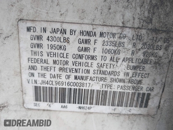 2006 Acura TSX Navi with VIN JH4CL96916C003817, listed as a IAAI auction lot 42282937 with 230,776 mi miles and . Bid and sale history available at DreamBid. Image 9.