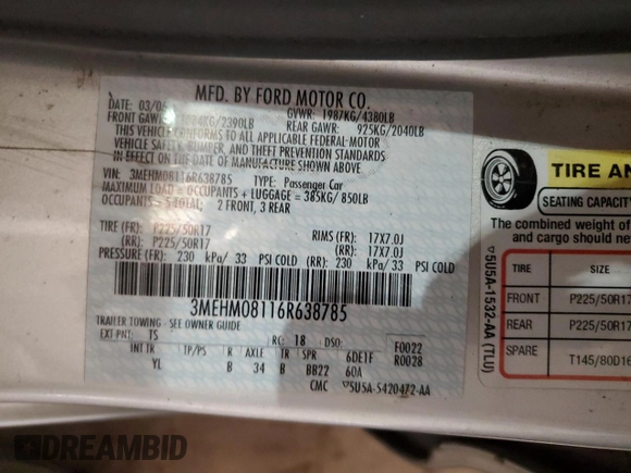 2006 Mercury Milan Premier with VIN 3MEHM08116R638785, listed as a Copart auction lot 64641395 with 127,178 mi miles and Salvage title. Bid and sale history available at DreamBid. Image 12.