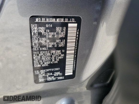 2015 Nissan Quest SV with VIN JN8AE2KP7F9120821, listed as a Copart auction lot 53998065 with 106,702 mi miles and Salvage Title. Bid and sale history available at carsss.com. Image 14.