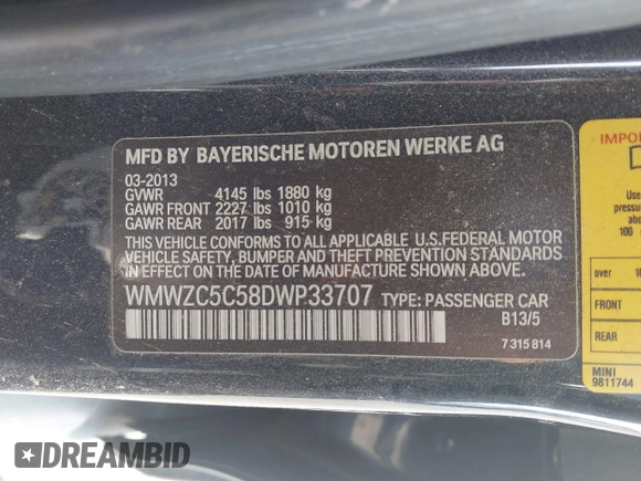 2013 MINI Countryman S ALL4 with VIN WMWZC5C58DWP33707, listed as a IAAI auction lot 41835234 with 98,441 mi miles and . Bid and sale history available at DreamBid. Image 9.