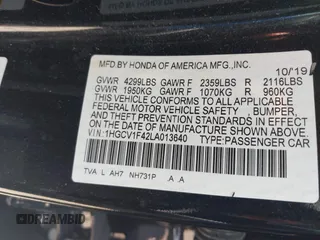 2020 Honda Accord EX with VIN 1HGCV1F42LA013640, listed as a IAAI auction lot 42332620 with 104,354 mi miles and . Bid and sale history available at DreamBid. Image 9.