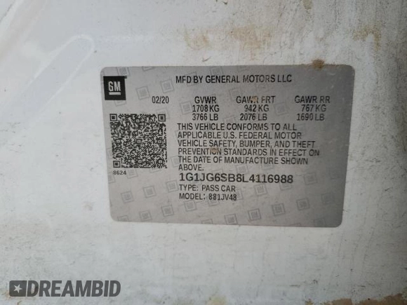2020 Chevrolet Sonic LT with VIN 1G1JG6SB8L4116988, listed as a Copart auction lot 56919895 with 50,086 mi miles and Clean title. Bid and sale history available at DreamBid. Image 13.
