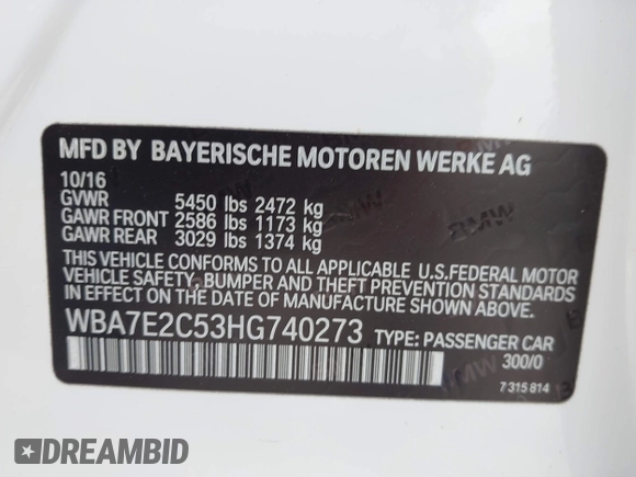 2017 BMW 7 Series 740i z VIN WBA7E2C53HG740273, wystawiony jako IAAI lot #42475769 z przebiegiem Nie podano mil oraz . Historia ofert i sprzedaży dostępna na DreamBid. Obrazek 9.
