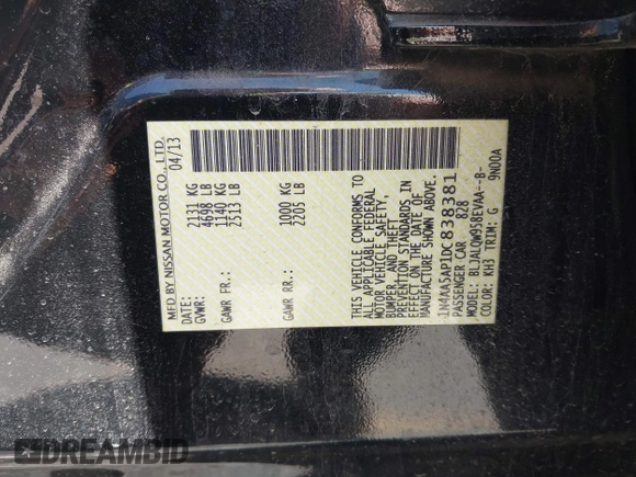 2013 Nissan Maxima SV z VIN 1N4AA5AP1DC838381, wystawiony jako IAAI lot #42210279 z przebiegiem 162 435 mil mil oraz . Historia ofert i sprzedaży dostępna na DreamBid. Obrazek 9.