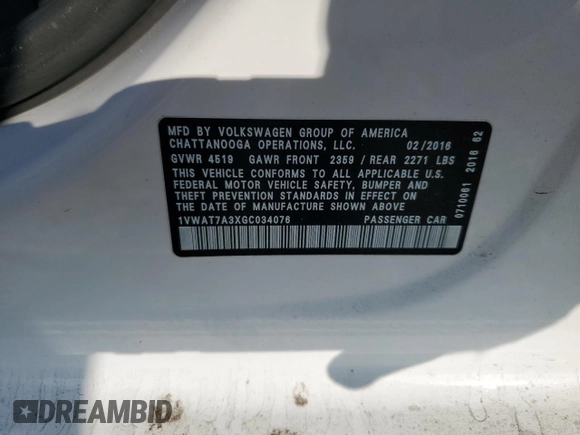 2016 Volkswagen Passat 1.8T S with VIN 1VWAT7A3XGC034076, listed as a Copart auction lot 43055485 with 87,638 mi miles and Salvage Title. Bid and sale history available at carsss.com. Image 14.