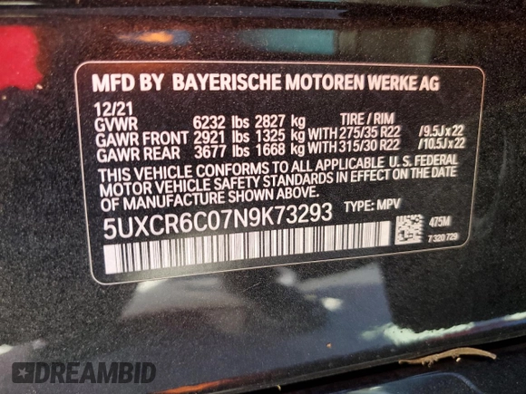 2022 BMW X5 xDrive40i with VIN 5UXCR6C07N9K73293, listed as a Copart auction lot 52586105 with 67,528 mi miles and Salvage Title. Bid and sale history available at DreamBid. Image 13.
