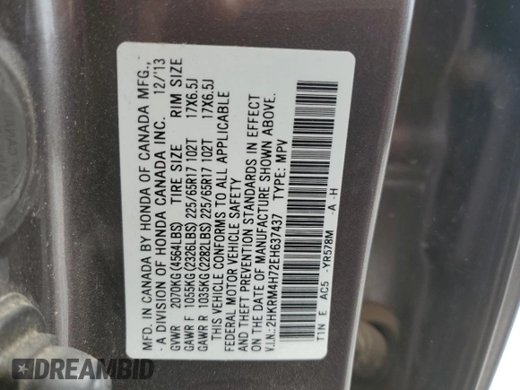 2014 Honda CR-V EX-L with VIN 2HKRM4H72EH637437, listed as a Copart auction lot 52872165 with 106,052 mi miles and Salvage Title. Bid and sale history available at carsss.com. Image 13.