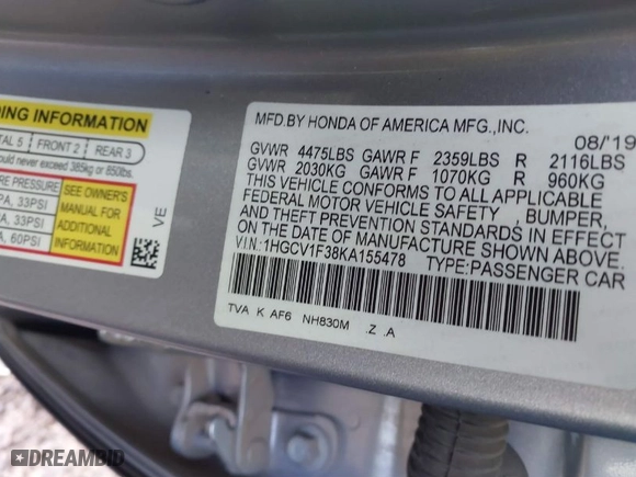 2019 Honda Accord Sedan Sport 1.5T with VIN 1HGCV1F38KA155478, listed as a IAAI auction lot 41417790 with 92,977 mi miles. Bid and sale history available at carsss.com. Image 9.