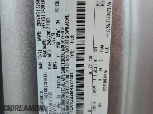 2021 Ford F-150 XL with VIN 1FTEX1CB2MKE77401, listed as a Copart auction lot 52754445 with 87,029 mi miles and Salvage title. Bid and sale history available at DreamBid. Image 12.