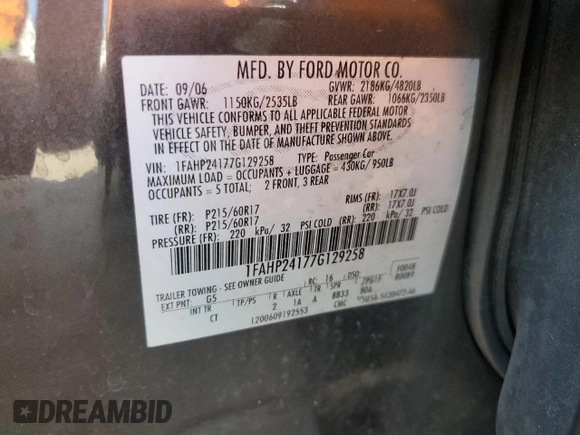 2007 Ford Five Hundred SEL with VIN 1FAHP24177G129258, listed as a Copart auction lot 80101164 with 229,785 mi miles and Salvage Title. Bid and sale history available at carsss.com. Image 12.
