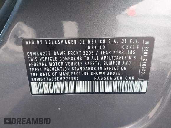 2014 Volkswagen Jetta SE with VIN 3VWD17AJ2EM274963, listed as a IAAI auction lot 42657388 with 138,482 mi miles and . Bid and sale history available at DreamBid. Image 9.