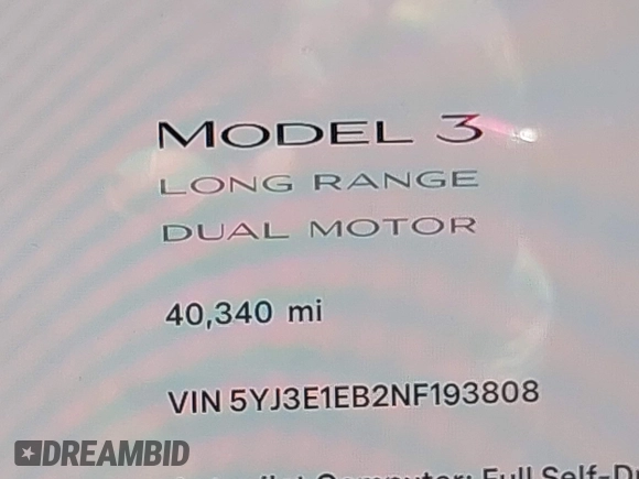 2022 Tesla Model 3 Long Range z VIN 5YJ3E1EB2NF193808, wystawiony jako IAAI lot #42281993 z przebiegiem 40 340 mil mil oraz . Historia ofert i sprzedaży dostępna na DreamBid. Obrazek 15.