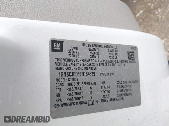 2014 Chevrolet Suburban LT with VIN 1GNSCJE06ER154639, listed as a IAAI auction lot 41410623 with 213,592 mi miles. Bid and sale history available at carsss.com. Image 9.