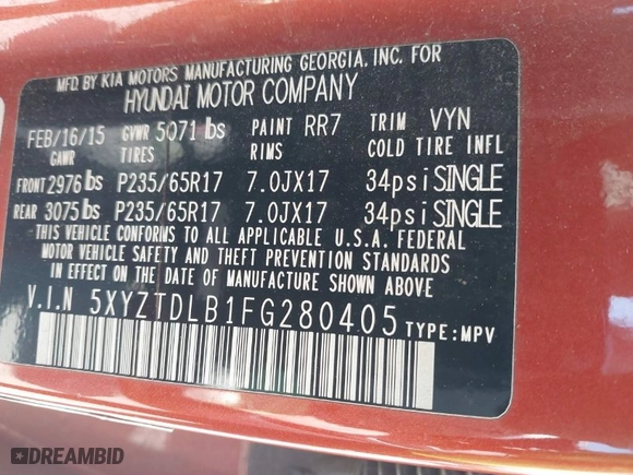 2015 Hyundai Santa Fe Sport with VIN 5XYZTDLB1FG280405, listed as a IAAI auction lot 41986022 with 161,597 mi miles. Bid and sale history available at carsss.com. Image 9.
