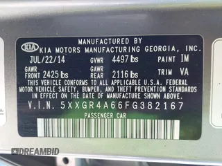 2015 Kia Optima SX Turbo with VIN 5XXGR4A66FG382167, listed as a IAAI auction lot 40951399 with 77,083 mi miles and . Bid and sale history available at DreamBid. Image 9.