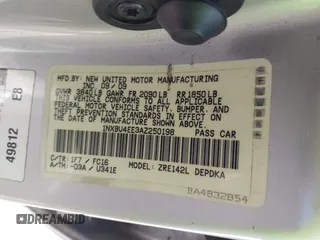2010 Toyota Corolla with VIN 1NXBU4EE3AZ250198, listed as a IAAI auction lot 42012752 with 175,636 mi miles and . Bid and sale history available at DreamBid. Image 9.