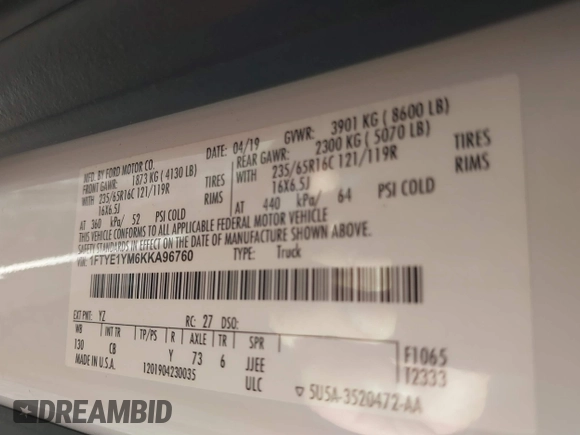 2019 Ford Transit с VIN 1FTYE1YM6KKA96760, выставлен на аукционе IAAI как лот 41738283 с пробегом 160 926 миль миль и . История ставок и продаж доступна на DreamBid. Изображение 9.