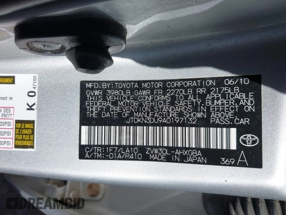 2010 Toyota Prius II with VIN JTDKN3DU9A0197132, listed as a IAAI auction lot 41816227 with 188,403 mi miles. Bid and sale history available at carsss.com. Image 9.