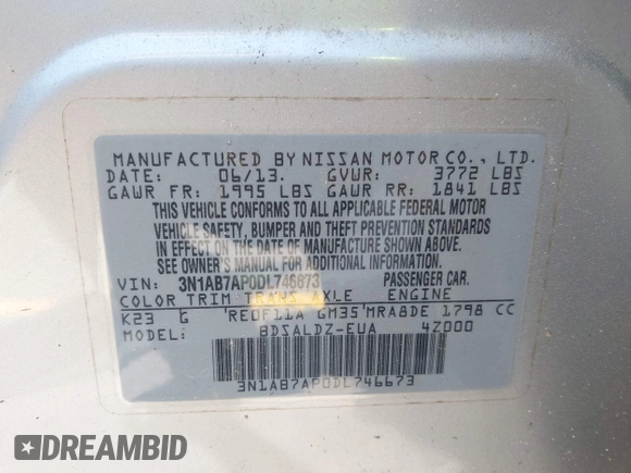 2013 Nissan Sentra SR with VIN 3N1AB7AP0DL746673, listed as a IAAI auction lot 42059562 with 144,247 mi miles and . Bid and sale history available at DreamBid. Image 9.